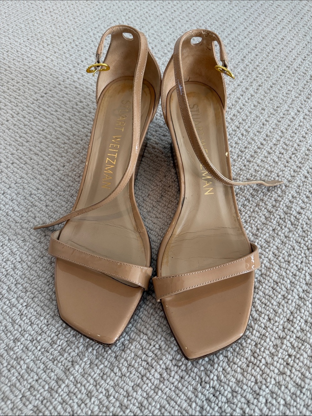 Stuart Weitzman Beige Patent Leather Ankle-Strap Heels